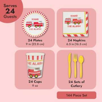 BLUE PANDA 144 Pieces Firefighter Party Decorations, Disposable Dinnerware Set with Firetruck Paper Plates, Red Truck Napkins, Cups, Cutlery (Serves 24)