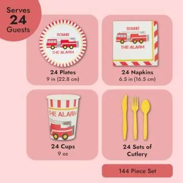 BLUE PANDA 144 Pieces Firefighter Party Decorations, Disposable Dinnerware Set with Firetruck Paper Plates, Red Truck Napkins, Cups, Cutlery (Serves 24)