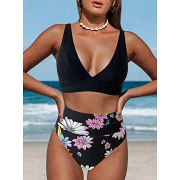 Hilinker Women's Floral Print Bikini Swimsuits V Neck High Waisted 2 Piece Bathing Suits (as1, Alpha, l, Regular, Regular, Black)