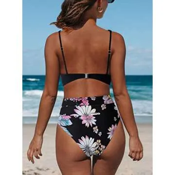 Hilinker Women's Floral Print Bikini Swimsuits V Neck High Waisted 2 Piece Bathing Suits (as1, Alpha, l, Regular, Regular, Black)