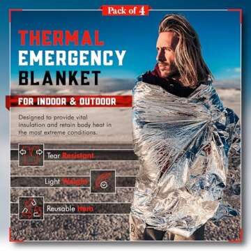 Mart Cobra Emergency Blanket 4-Pack Space Mylar Blankets Survival Gear and Supplies Reusable Thermal...