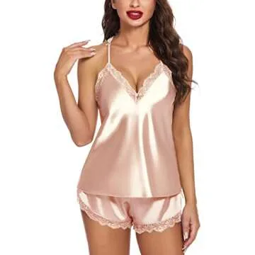 Avidlove Women's Sexy Silk Satin Pajamas Sets Lace Trim Cami Tops Shorts Sleepwear Champagne Medium