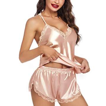 Avidlove Women's Sexy Silk Satin Pajamas Sets Lace Trim Cami Tops Shorts Sleepwear Champagne Medium