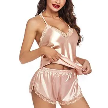 Avidlove Women's Sexy Silk Satin Pajamas Sets Lace Trim Cami Tops Shorts Sleepwear Champagne Medium