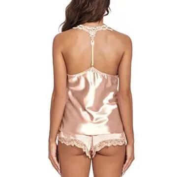 Avidlove Women's Sexy Silk Satin Pajamas Sets Lace Trim Cami Tops Shorts Sleepwear Champagne Medium