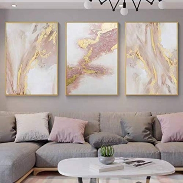Pink Abstract Canvas Wall Art For Living Room Large Gold Abstract Painting Water Flow Shape For Bedr...