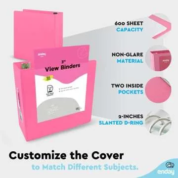 3 Inch 3 Ring Binder Pink, Slant D-Ring 3” Clear View Cover with 2 Inside Pockets, Heavy Duty Colored School Supplies Office and Home Binders – by Enday