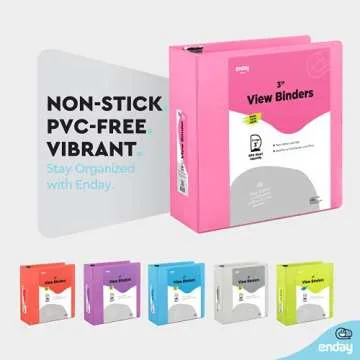3 Inch 3 Ring Binder Pink, Slant D-Ring 3” Clear View Cover with 2 Inside Pockets, Heavy Duty Colored School Supplies Office and Home Binders – by Enday