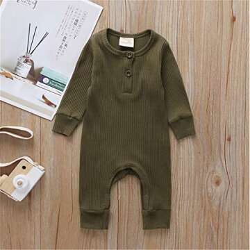Kuriozud Newborn Infant Unisex Baby Boy Girl Button Solid Romper Bodysuit One Piece Jumpsuit Outfits Clothes (Long Sleeve one Piece Army Green, 3-6 Months)