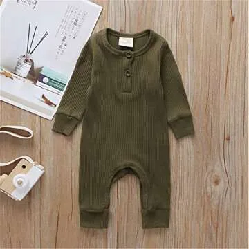 Kuriozud Newborn Infant Unisex Baby Boy Girl Button Solid Romper Bodysuit One Piece Jumpsuit Outfits Clothes (Long Sleeve one Piece Army Green, 3-6 Months)