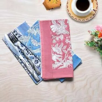 CPC Cloth Napkins Set of 6 Cotton Printed Dinner Block Print Napkins I Wedding Cocktail Cloth Floral Napkins I 18x18 in I Mix Color-Border