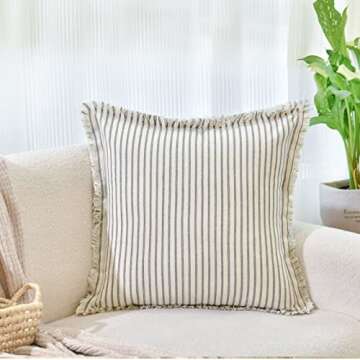 ZWJD Throw Pillow Covers 20x20 Set of 2 Striped Pillow Covers with Fringe Chic Cotton Decorative Pillows Square Cushion Covers for Sofa Couch Bed Living Room Farmhouse Decor