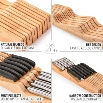 Zulay Kitchen Bamboo Knife Drawer Organizer Insert - Edge-Protecting Knife Organizer Block Holds Up To 11 Knives - Smooth Finish Drawer Knife Organizer Tray Fits In Most Drawers For Kitchen