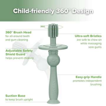 haakaa Infant Toothbrush, Easy to Hold 360° Baby Toothbrush, Train 6month+ Infants Babies and Toddlers for Oral Hygiene, Teether Effect for Sore Gums, 1pc (Pea Green)