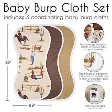 Sweet Jojo Designs Western Cowboy Baby Boy Absorbent Burp Cloths for Infant Newborn - Red Blue Tan Chocolate Brown and White Wild West Southern Country Horse - 3 Pack Set of Dribble Drool Cloths