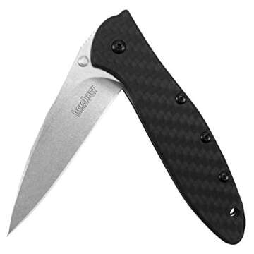 Kershaw Leek Carbon Fiber (1660CF); Pocket Knife with 3 Stonewashed CPM 154 Steel Blade, Black Carbon Fiber Handle, SpeedSafe Assisted Opening, Frame Lock, Tip Lock and Reversible Pocketclip; 2.3 OZ