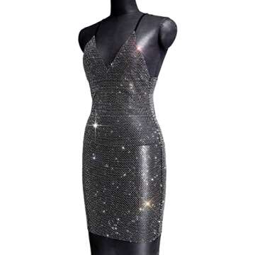 Lrady Women's Sexy V Neck Rhinestone Mesh Fishnet Bodycon Overlay Mini Party Club Dress Beach Cover Up, Black & White, One Size