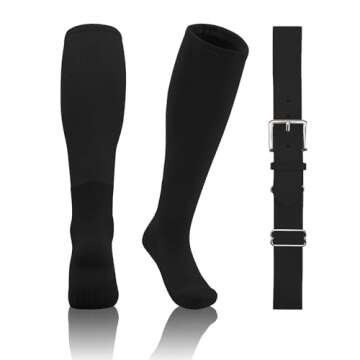 QBK 2T/3T/4T/5T Toddler Baseball Socks And Belt Youth Softball Tee Ball Combo Set for Boy Girl (1 Pairs of Socks & 1 Belt)(BLACK 5-7Y)