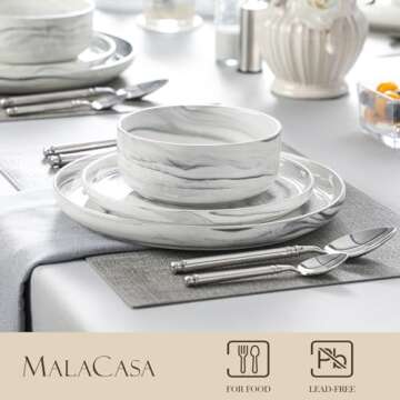 MALACASA Plates and Bowls Sets, 12 Pieces Porcelain Dinnerware Sets Dishware Sets Chip Resistant Ceramic Dish Set Dining Dinner Ware Service for 4, Marble Grey, Series LUNA