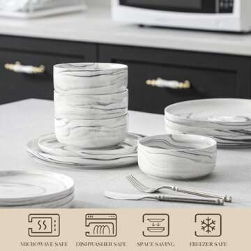 MALACASA Plates and Bowls Sets, 12 Pieces Porcelain Dinnerware Sets Dishware Sets Chip Resistant Ceramic Dish Set Dining Dinner Ware Service for 4, Marble Grey, Series LUNA