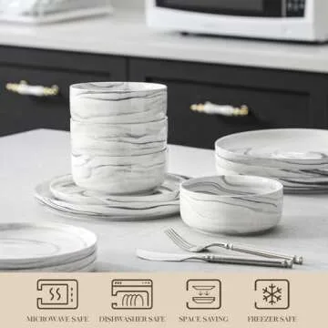 MALACASA 12-Piece Marble Grey Dinnerware Set for 4