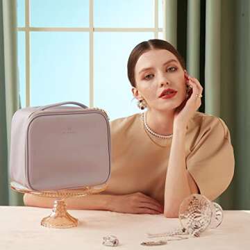 Vlando Travel Makeup Bag, Large Capacity Cosmetic Bag for Women PU Leather Makeup Case Organizer Portable Make up Bag with Dividers and Handle for Girls,Wedding,Makeup Brushes Purple