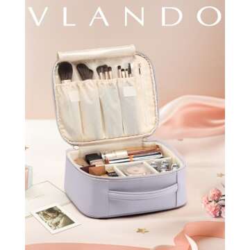 Vlando Travel Makeup Bag, Large Capacity Cosmetic Bag for Women PU Leather Makeup Case Organizer Portable Make up Bag with Dividers and Handle for Girls,Wedding,Makeup Brushes Purple