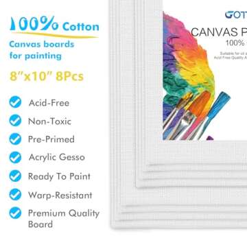GOTIDEAL Canvas Boards for Painting, 8x10 inch Set of 8 with Paint Brush Set 10 Pcs