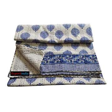 Exportindia Indian Hand Block Blue Leaf Printed Kantha Quilt Flat Bedsheet Pure Cotton Kantha Quilt ...