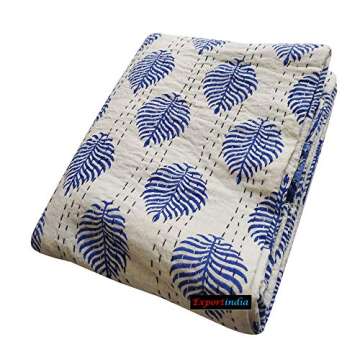 Exportindia Indian Hand Block Blue Leaf Printed Kantha Quilt Flat Bedsheet Pure Cotton Kantha Quilt King Size Sofa Cover Kantha Handmade Blanket Throw Bedding