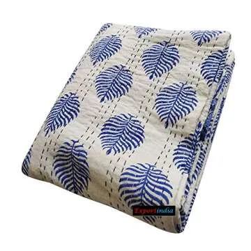 Exportindia Indian Hand Block Blue Leaf Printed Kantha Quilt Flat Bedsheet Pure Cotton Kantha Quilt King Size Sofa Cover Kantha Handmade Blanket Throw Bedding