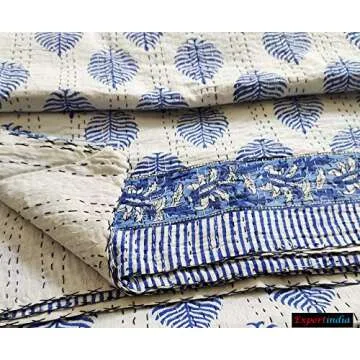 Exportindia Indian Hand Block Blue Leaf Printed Kantha Quilt Flat Bedsheet Pure Cotton Kantha Quilt King Size Sofa Cover Kantha Handmade Blanket Throw Bedding