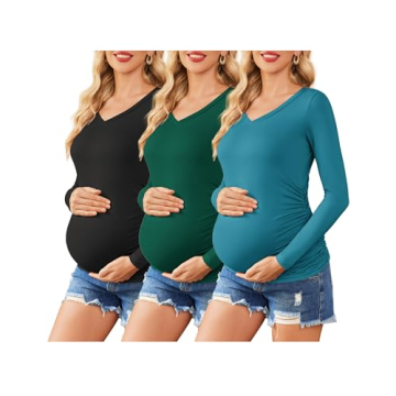 Ekouaer Womens Maternity Shirts Long Sleeve 3 Packs Pregnancy V-Neck Clothes Tunic Blouse Fall Tops ...