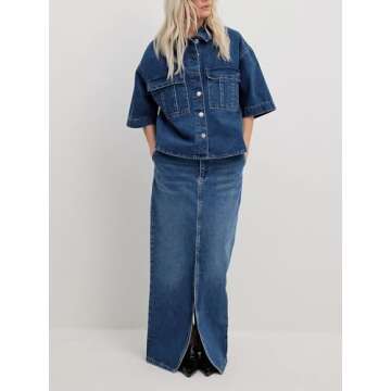 Imily Bela Womens Cropped Denim Jackets Oversized Fall Casual Short Sleeve Jean Shirts Shackets with Pockets