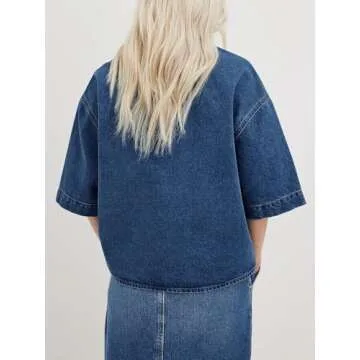 Imily Bela Womens Cropped Denim Jackets Oversized Fall Casual Short Sleeve Jean Shirts Shackets with Pockets