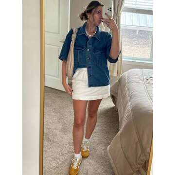 Imily Bela Womens Cropped Denim Jackets Oversized Fall Casual Short Sleeve Jean Shirts Shackets with Pockets