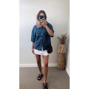 Imily Bela Womens Cropped Denim Jackets Oversized Fall Casual Short Sleeve Jean Shirts Shackets with Pockets