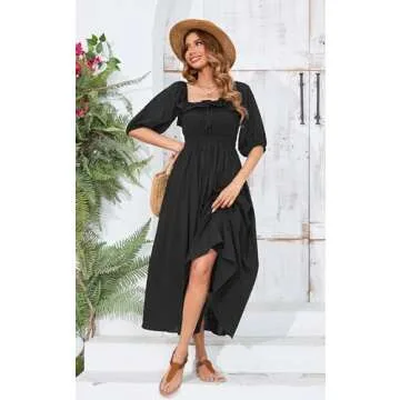 R.Vivimos Women Summer Half Sleeve Cotton Ruffled Vintage Elegant Backless A Line Flowy Long Dresses (X-Large, Black#1)