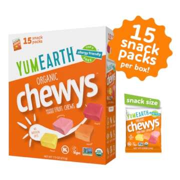 YumEarth Organic Chewys Fruit Flavored Candy Chews - Allergy Friendly, Gluten Free, Non-GMO, Vegan, No Artificial Flavors or Dyes - Assorted Flavors, 7.5 oz.