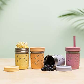 Elk and Friends Stainless Steel Cups | 10 oz Mason Jar design | Kids & Toddler Cups with Silicone Sleeves & Straws with Stopper | Smoothie Cups