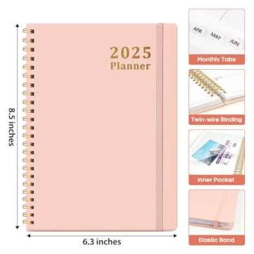 2025 Planner - Weekly and Monthly Planner Spiral Bound, January 2025 - December 2025, Hardcover 2025 Calendar Planner Book with Tabs, Inner Pocket, Perfect for Office Home School Supplies - A5 (6.3" x 8.5"), Pink