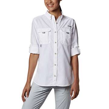 Columbia Women's PFG Bahama II Long Sleeve Shirt, Breathable, UV Protection, White, Small