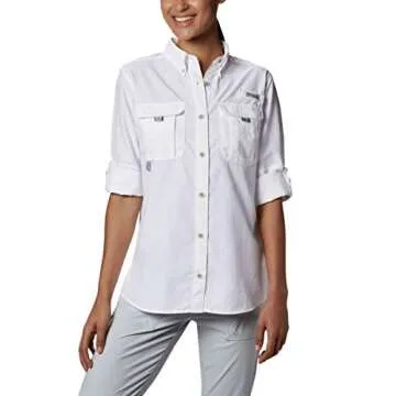Columbia Women's PFG Bahama II Long Sleeve Shirt, Breathable, UV Protection, White, Small