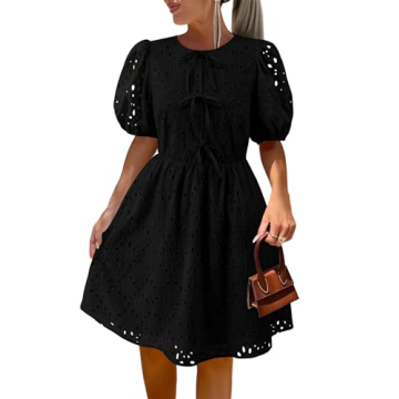 KIRUNDO Womens Summer Dresses 2025 Short Puff Sleeve Tie Front Eyelet Hollow Out A Line Wedding Gues...
