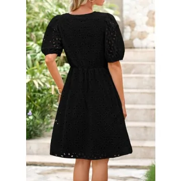 KIRUNDO Womens Summer Dresses 2025 Short Puff Sleeve Tie Front Eyelet Hollow Out A Line Wedding Guest Beach Sundress(Black, Small)
