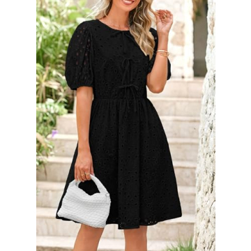 KIRUNDO Womens Summer Dresses 2025 Short Puff Sleeve Tie Front Eyelet Hollow Out A Line Wedding Guest Beach Sundress(Black, Small)