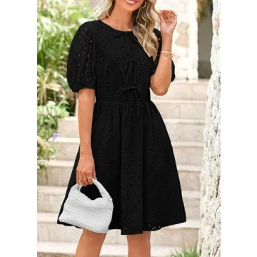 KIRUNDO Womens Summer Dresses 2025 Short Puff Sleeve Tie Front Eyelet Hollow Out A Line Wedding Guest Beach Sundress(Black, Small)