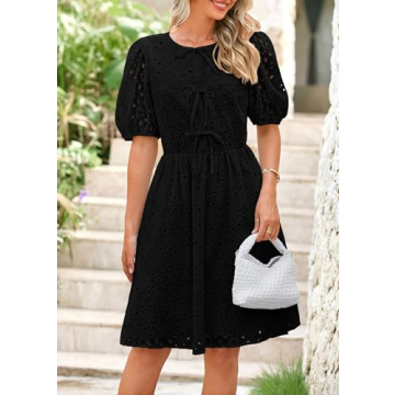 KIRUNDO Womens Summer Dresses 2025 Short Puff Sleeve Tie Front Eyelet Hollow Out A Line Wedding Guest Beach Sundress(Black, Small)