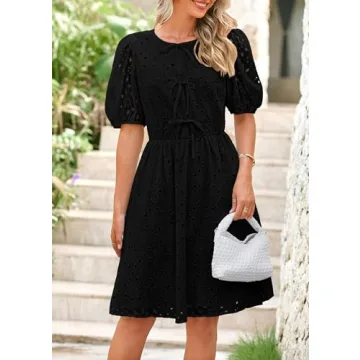 KIRUNDO Womens Summer Dresses 2025 Short Puff Sleeve Tie Front Eyelet Hollow Out A Line Wedding Guest Beach Sundress(Black, Small)