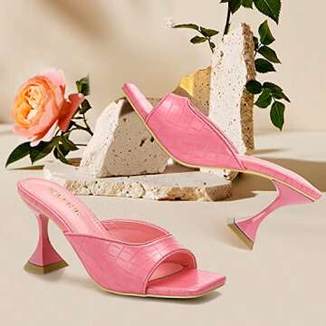 WSKEISP Women's Kitten Heels Sandals Heeled Mules Square Open Toe Slip On Backless Wedding Fashion Dress High Heel Slides Slippers